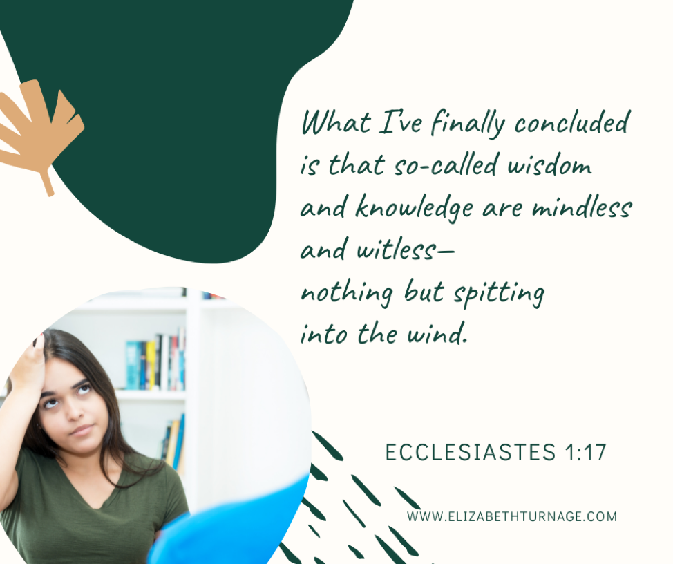 What I’ve finally concluded is that so-called wisdom and knowledge are mindless and witless—nothing but spitting into the wind. Ecclesiastes 1:17