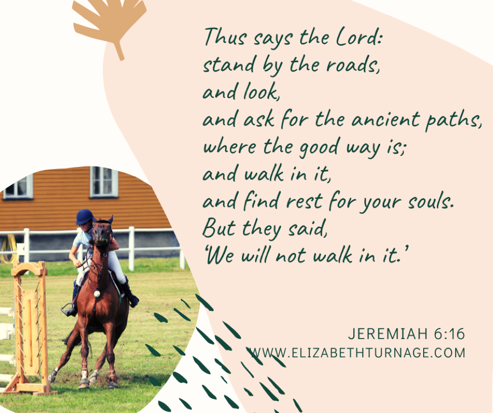 Thus says the Lord: stand by the roads, and look, and ask for the ancient paths, where the good way is; and walk in it, and find rest for your souls. But they said, ‘We will not walk in it.’ Jeremiah 6:16