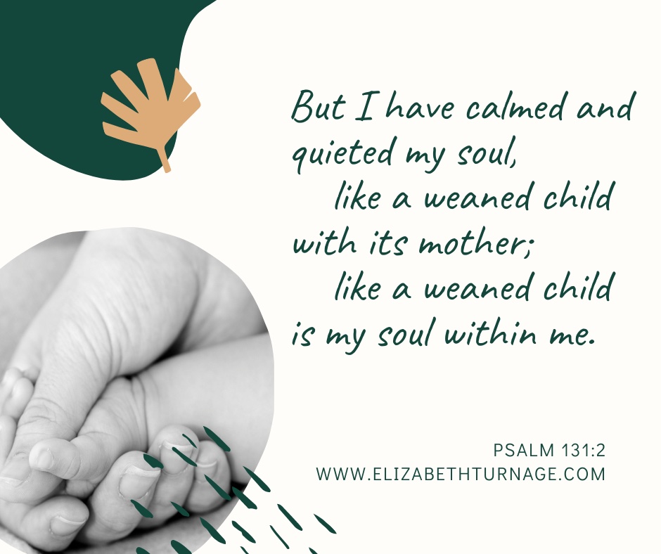 But I have calmed and quieted my soul, like a weaned child with its mother; like a weaned child is my soul within me. Psalm 131:2