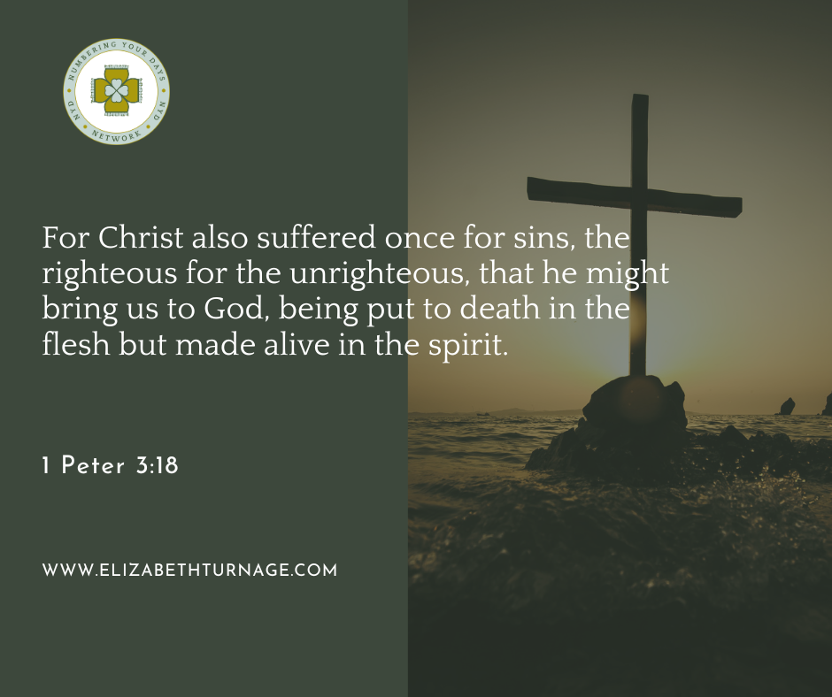 “For Christ also suffered once for sins, the righteous for the unrighteous, that he might bring us to God, being put to death in the flesh but made alive in the spirit.” 1 Peter 3:18