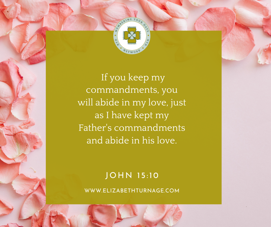 If you keep my commandments, you will abide in my love, just as I have kept my Father's commandments and abide in his love. John 15:10