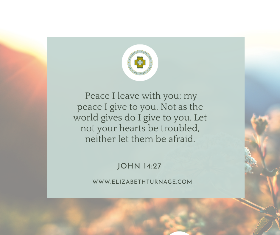 Peace I leave with you; my peace I give to you. Not as the world gives do I give to you. Let not your hearts be troubled, neither let them be afraid. John 14:27