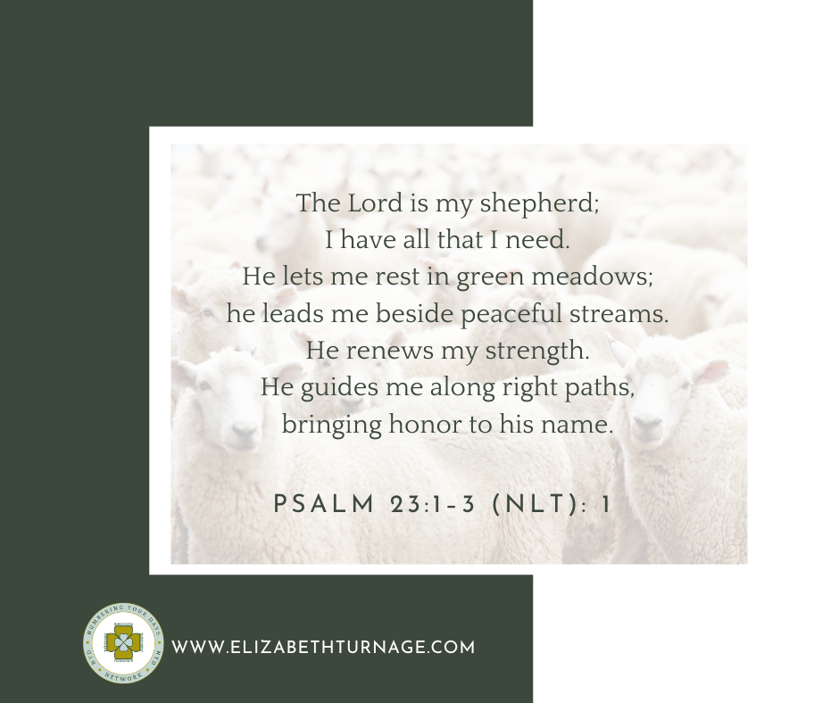 Psalm 23:1–3 (NLT): 1 The Lord is my shepherd; I have all that I need. He lets me rest in green meadows; he leads me beside peaceful streams. He renews my strength. He guides me along right paths, bringing honor to his name.