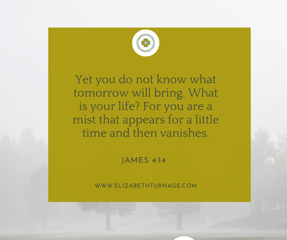 Yet you do not know what tomorrow will bring. What is your life? For you are a mist that appears for a little time and then vanishes. James 4:14