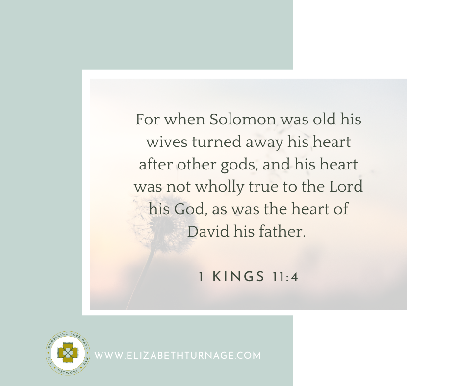 For when Solomon was old his wives turned away his heart after other gods, and his heart was not wholly true to the Lord his God, as was the heart of David his father. 1 Kings 11:4