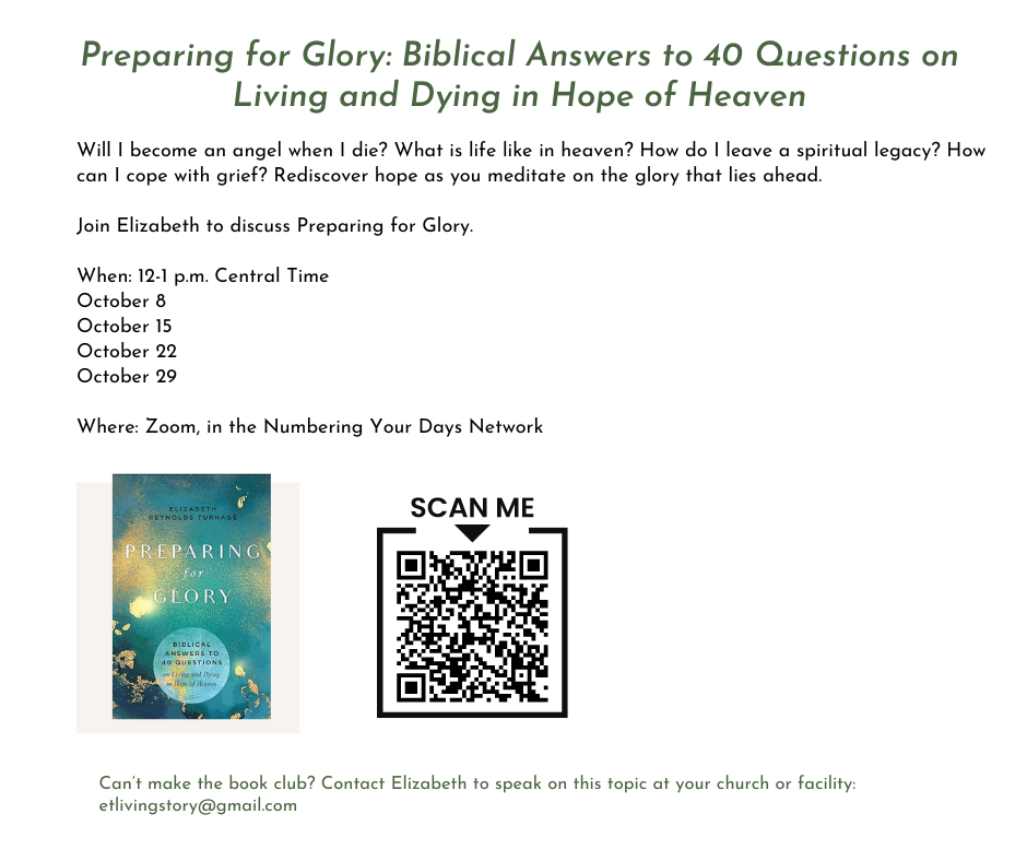 Picture of book, Preparing for Glory, and invitation to join the book club for free