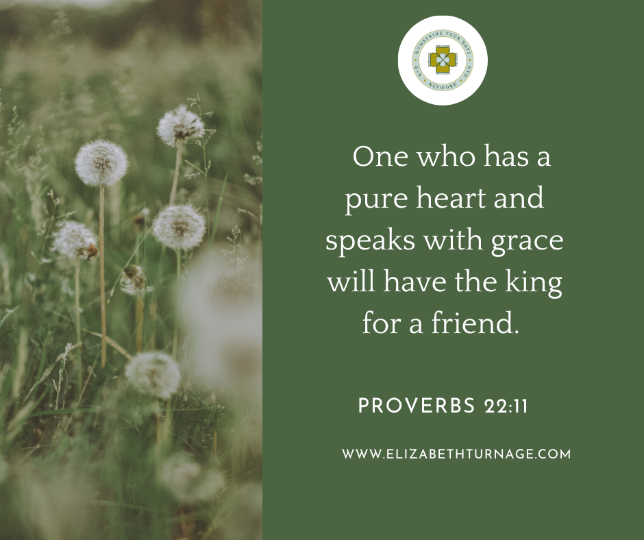 One who has a pure heart and speaks with grace will have the king for a friend. Proverbs 22:11