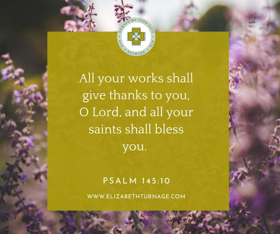 All your works shall give thanks to you, O Lord, and all your saints shall bless you. Psalm 145:10