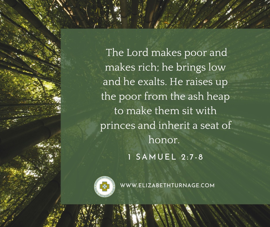 The Lord makes poor and makes rich; he brings low and he exalts. He raises up the poor from the ash heap to make them sit with princes and inherit a seat of honor. 1 Samuel 2:7-8